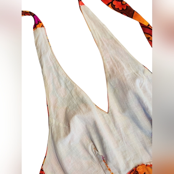 Vintage 1960s 1970s Neon Barkcloth? Halter Maxi Dress Summer Floral 10 M - Picture 12 of 16